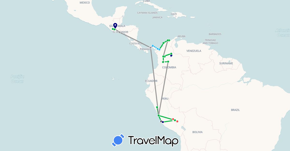 TravelMap itinerary: driving, bus, plane, cycling, hiking, boat, motorbike in Colombia, Guatemala, Panama, Peru, El Salvador (North America, South America)